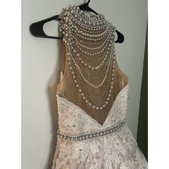 Sherri Hill SZ 10- 1338 Ivory Lace Pearl Neck‎ Back Mesh Ballgown Wedding Dress - Picture 4 of 12